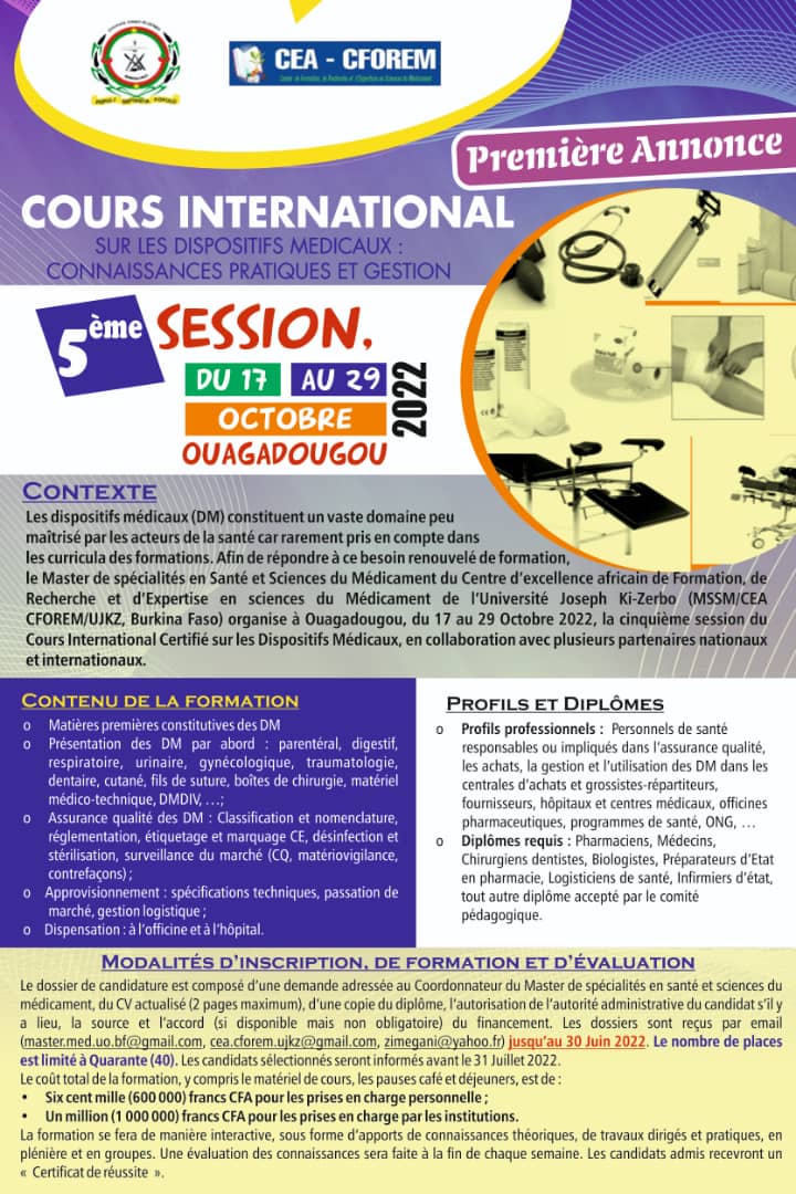 Inscription aux Cours international sur les dispositifs médicaux : 5ieme séssion