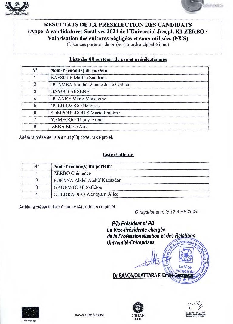 SUSLIVES RESULTATS DE LA PRESELECTION