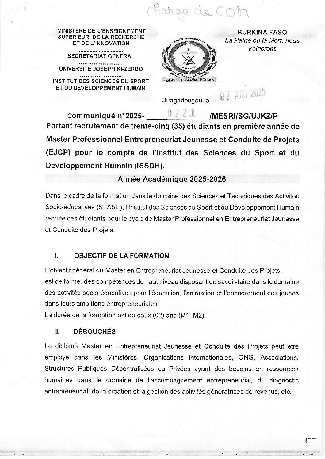 ISSDH Communiqué N°221 Recrutement Master Pro1 EJCP 2025-2026