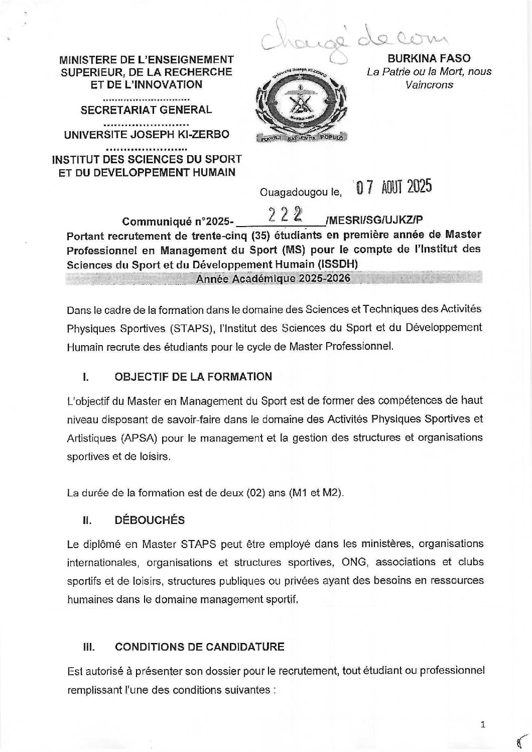 ISSDH Communiqué N°222 Recrutement Master Pro1 MS 2025-2026