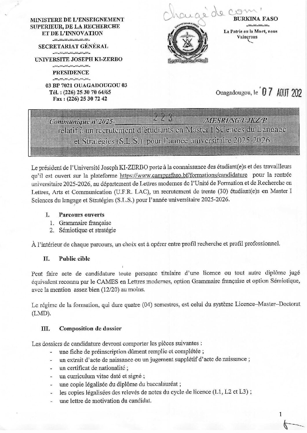 UFR-LAC Communiqué N°223 Master1 SLS SESSION 2025-2026