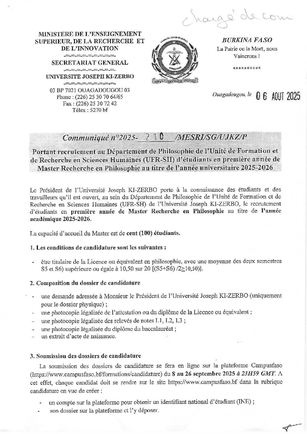 UFR-SH Communiqué N°210 Recrutement M1 Recherche Philo 2025-2026
