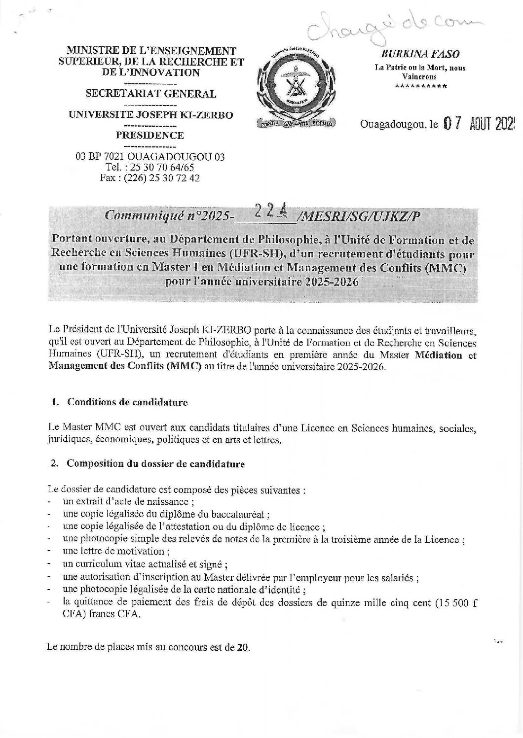 UFR-SH Communiqué N°224 Recrutement M1 MMC 2025-2026